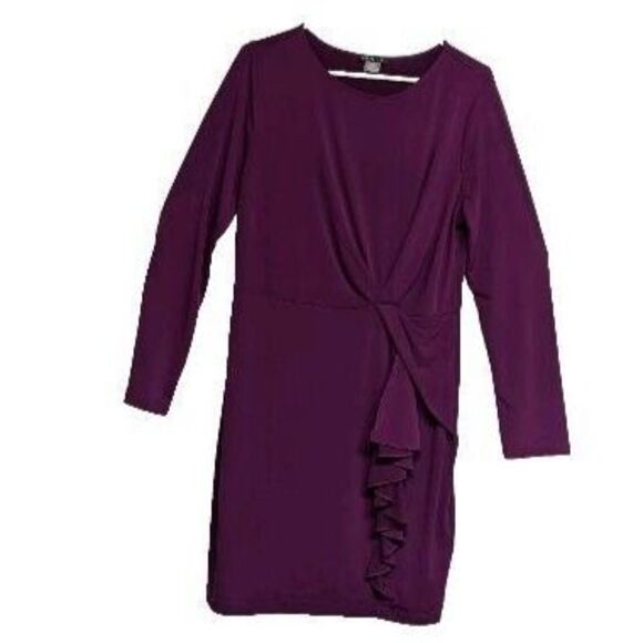 Venus Dress Large Gathered at Waist Midi Long Sleeve Night Out Dinner Purple L - Picture 1 of 5